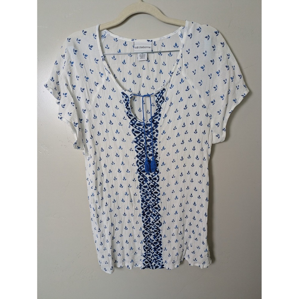 Liz Claiborne Peasant Top Women's XL Embroidered Tassel V-Neck Boho